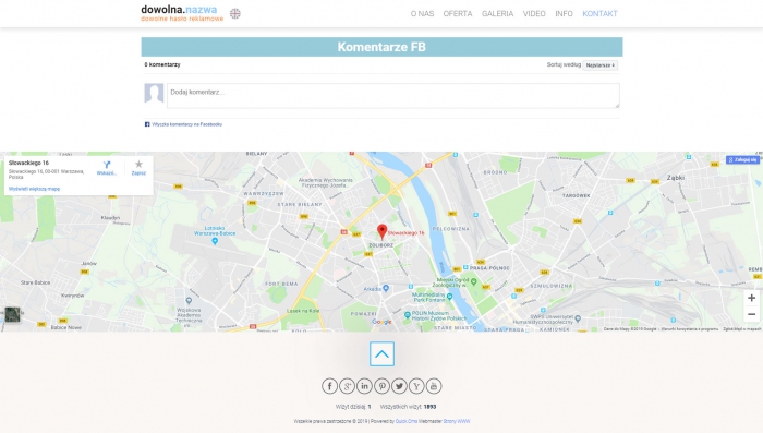 przykład strony z mapą dojazdową oraz ikonami do portali społecznościowych