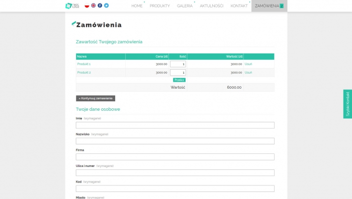 przykładowa strona z formularzem opcjnalnego zamówienia usługi lub towaru